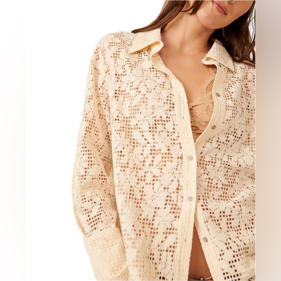 NWT Free People In Your Dreams Lace Button-Up Shirt in Tea Size Medium - Picture 2 of 10